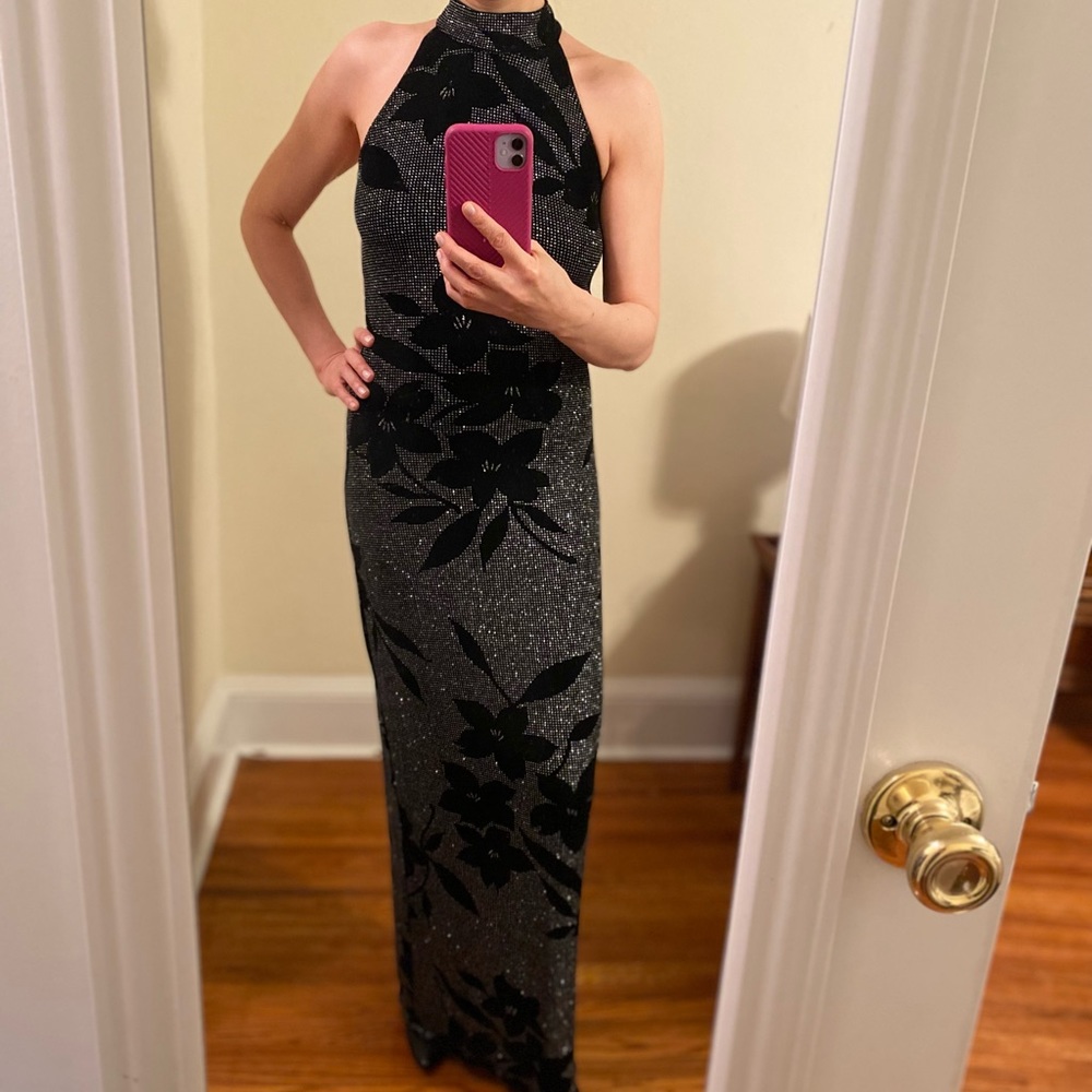 ‘90s Vintage Glamorous Floral Sparkle Halter Dress